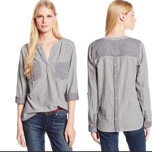 C & C California 2 Pocket Chambray Stripe Long Sleeve Henley Top